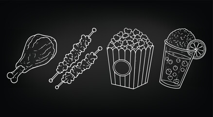 Chalkboard snack food illustrations of popcorn and chicken for a bar or cinema menu. Hand drawn chalk sketch icons of street food and drinks for restaurant signs and event flyers.