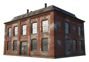 Weathered red brick industrial building with a rusty metal mansard roof and large windows. PNG Transparent Background