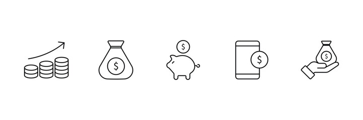 Saving money and digital finance icon vector illustration set with piggy bank growth and mobile payment in modern minimal linear style.