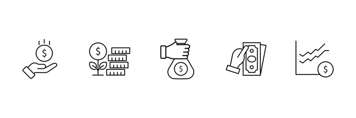 Financial growth and investment strategy planning with money management icon vector illustration set in linear modern minimal style.