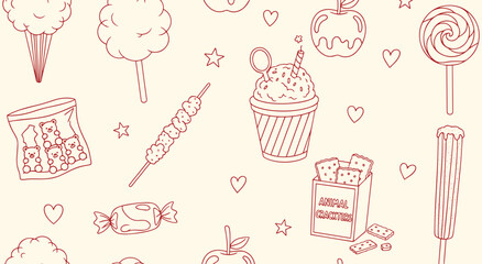 Sweet Food Doodle Seamless Pattern Vector. Red Line Art Background of Candy, Desserts, and Snacks. Cute Illustration for Party, Fabric, Print, and Wallpaper Design. Sweet Shop Pattern.