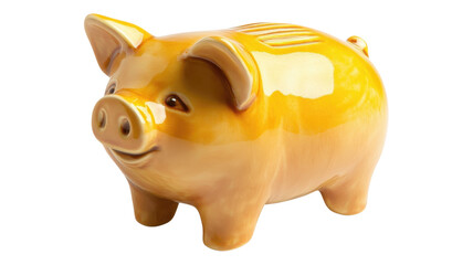 Cute yellow piggy bank with a shiny finish on an transparent background