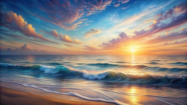 Serene ocean waves gently rolling onto a sandy shore at sunset, with a vibrant, colorful sky filled with fluffy clouds reflecting the golden light