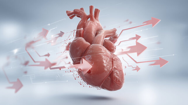 Realistic heart model in medical style, surrounded by dynamic arrows representing healthy aging and vitality. image conveys sense of innovation and progress in heart health