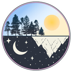 Day and Night Nature Landscape Surreal Forest and Sky Illustration
