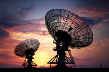 Two large radio telescopes silhouetted against a vibrant sunset sky