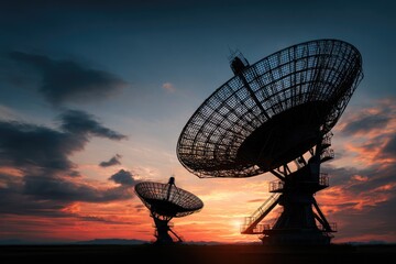 Silhouette of large radio telescopes at sunset (2)