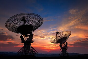 Silhouette of large radio telescopes at sunset (3)