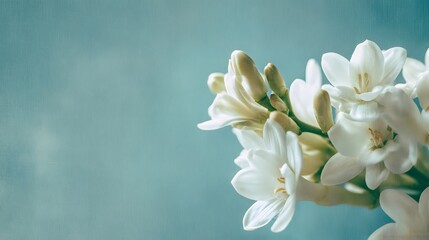 White tuberose flowers and buds on a green stem against a textured blue-green backdrop with empty space
