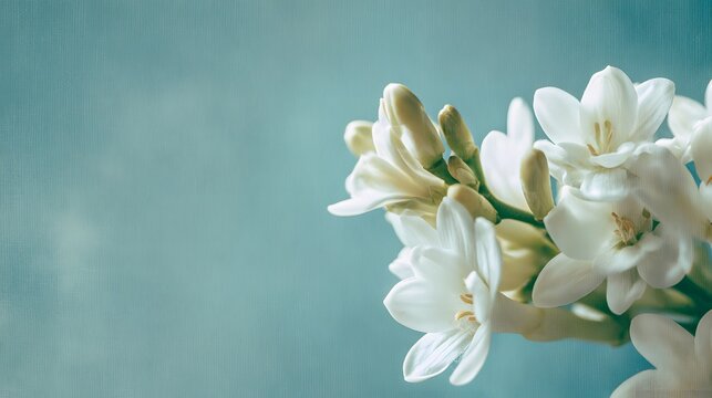 White tuberose flowers and buds on a green stem against a textured blue-green backdrop with empty space