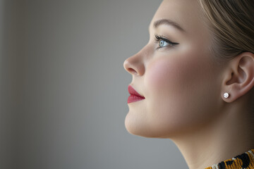 Fototapeta premium Close up profile of woman showcasing her elegant features, including striking blue eyes, defined cheekbones, and bold red lips, exuding confidence and beauty