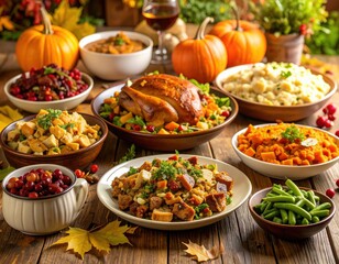 Festive autumn dinner table featuring roasted turkey, various side dishes, and seasonal decorations, creating a warm and inviting holiday atmosphere for family gatherings