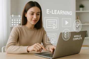 Young woman completing online learning module on laptop with digital certificates and study interface
