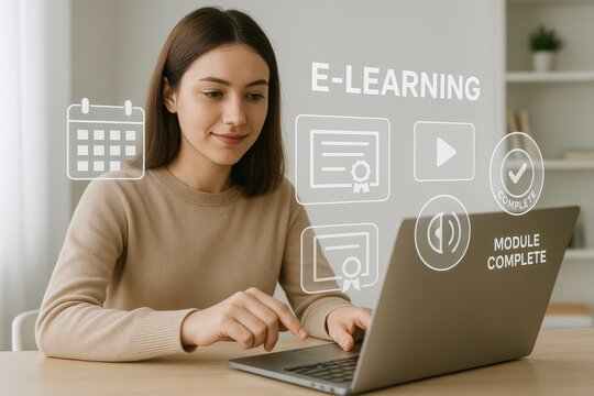 Young woman completing online learning module on laptop with digital certificates and study interface
