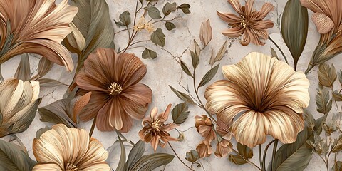 Aged floral design with antique blossoms in muted metallic tones