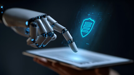 Cybersecurity Insight: A robotic hand interacts with a digital tablet, illuminating a security shield icon, representing digital protection and future technologies.