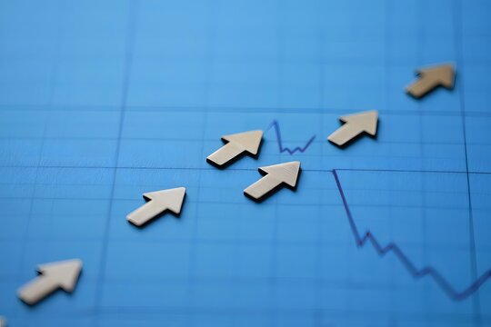 Analyzing stock market trends with rising arrow symbols on blue background for financial growth