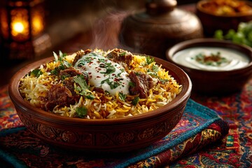 A bowl of biryani with meat and yogurt sauce on a colorful cloth with warm lighting in the background