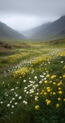 Misty valley bathed in soft light, wildflowers in vibrant colors