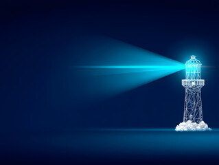 Lighthouse beacon rendered in digital wireframe sending twin blue light beams across a dark gradient background providing a powerful metaphor for guidance and direction in business and life