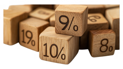 Wooden blocks display various percentages arranged in an transparent manner for visual interest