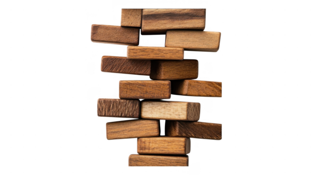 Wooden blocks stacked creatively in an transparent arrangement showcasing different textures