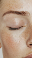 Fototapeta premium Delicate beauty of woman closed eyes, showcasing serene expression and natural freckles, highlighting soft texture of skin and gentle glow of complexion