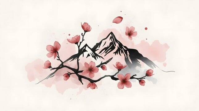 Cherry Blossom Tree and Mountain Print