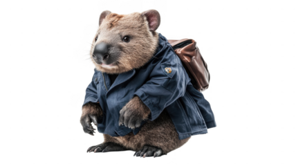 Wombat in a stylish jacket and backpack poses for an adventure-themed shoot