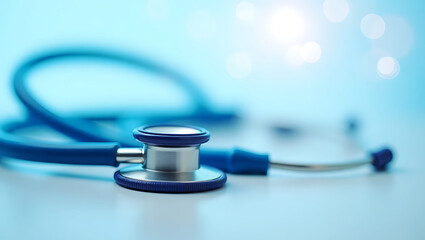 Blue stethoscope with silver diaphragm on a light blue background