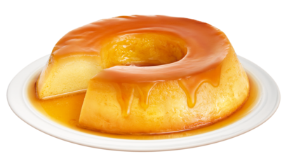 prato com pudim de leite condensando com calda de caramelo isolado em fundo transparente