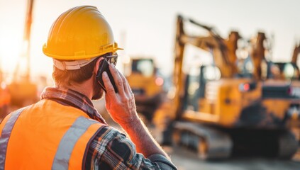 Construction worker in hard hat talking on phone with heavy equipment in the background at a construction site.