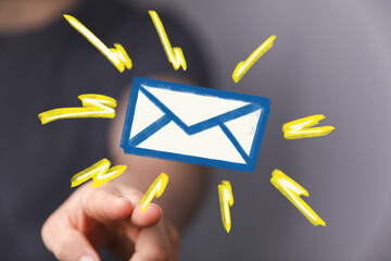 Digital illustration of a hand interacting with an email icon, signifying new messages or...