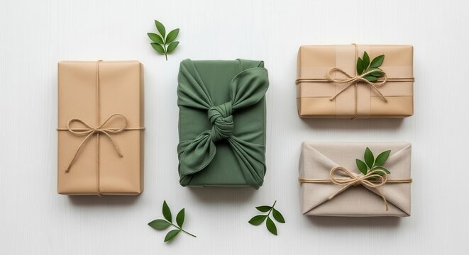 Four eco friendly gift wrapped presents with green leaves on white wrapping package
