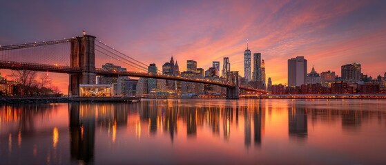 Obraz premium Manhattan Skyline at Sunset with Brooklyn Bridge Reflection