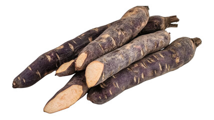 Purple yam tubers piled together on a white background showcasing their natural texture