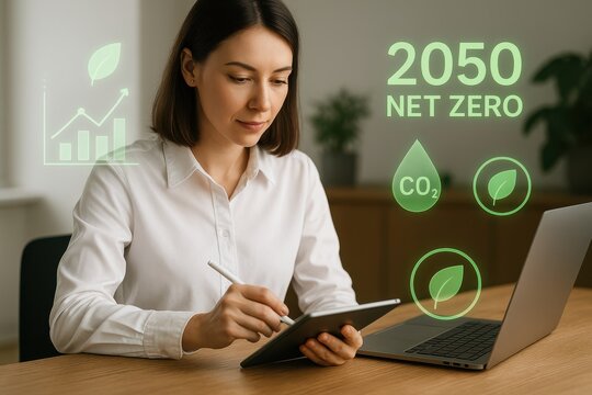 Businesswoman tracking carbon goals and sustainability progress with 2050 net zero targets and green icons
