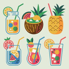 Summer Cocktails: Tropical Drinks, Mason Jars, & Refreshing Beverages, collection of flat-style illustrations featuring a variety of summer cocktails in mason jars and glasses.