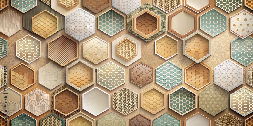 Wall mural abstract hexagonal pattern design with varied textures and earthy tones