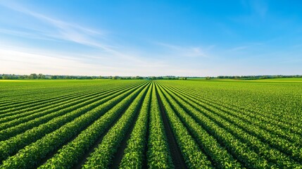 A vast, verdant field of crops arranged in parallel rows under a clear blue sky.