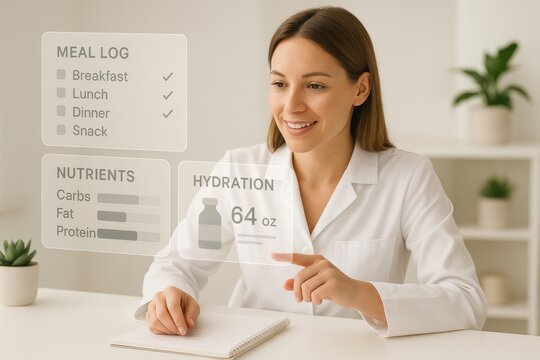 Smiling nutritionist tracking meal log, hydration, and nutrient intake with futuristic digital health interface
