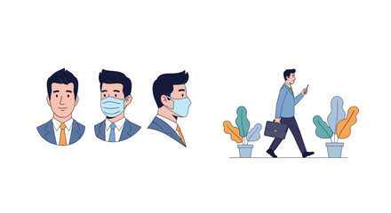 Man wearing protective mask in different angles and man walking with briefcase and smartphone among plants