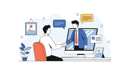 Virtual Meeting and Handshake Between Two Professionals Across a Computer Screen