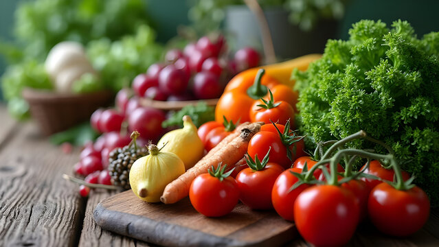 Fresh Organic Vegetables on Wooden Plate with Rustic Background - Powered by Adobe