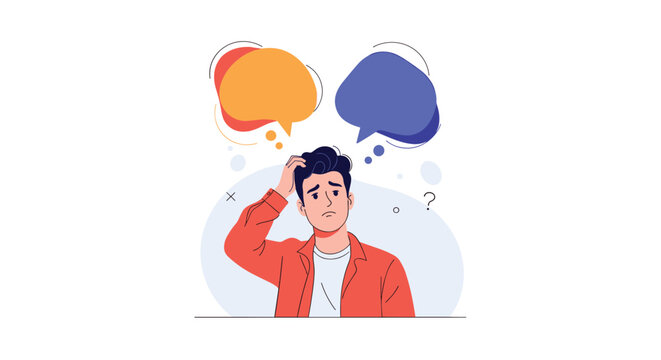 Man with two thought bubbles confused about which decision to make difficult choice dilemma confusion indecision