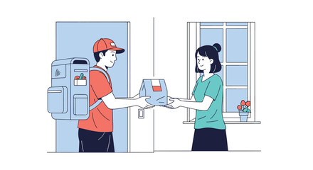Food Delivery Person Hands Meal Package to Customer at Doorstep Quick Service