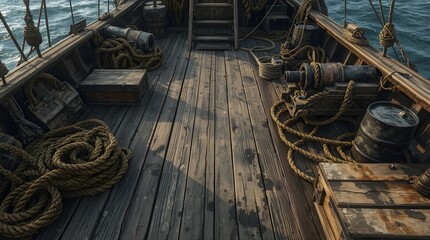 Old Ship Cabin Interior with Rope and Wood Planks