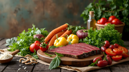 Fresh Organic Vegetables on Wooden Plate with Rustic Background