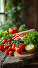 Fresh Organic Vegetables on Wooden Plate with Rustic Background