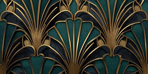 Luxurious art deco pattern with intricate gold detailing on a rich teal background